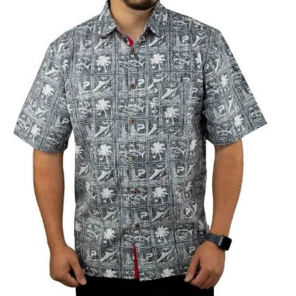 Pelagic Men Sz XL Black White Fish‎ Palm Pattern Short Sleeve Shirt Button Down